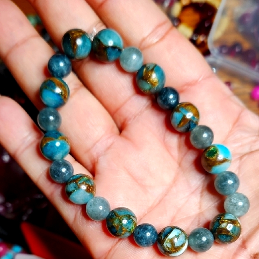 Elegant Blue Cloisonne and Genuine Aventurine Beaded Bracelet